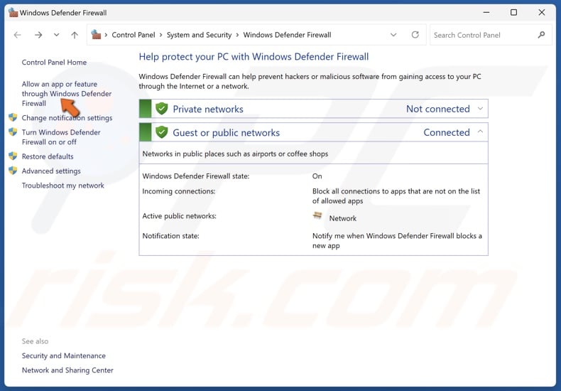 Click Allow an app or feature through Windows Defender Firewall