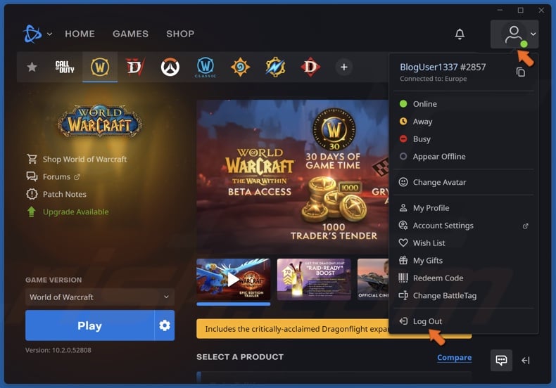 Click your profile icon and click Log Out