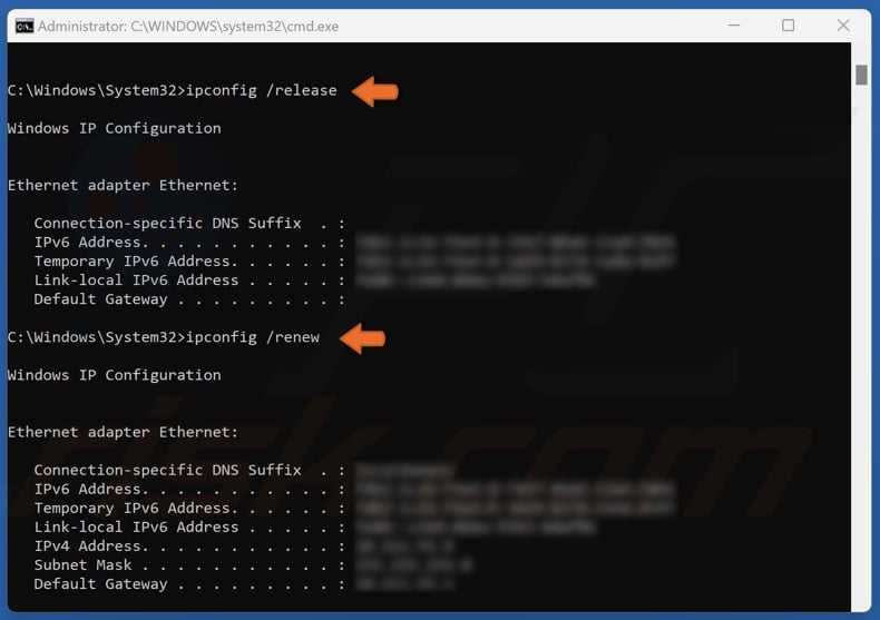 Execute ipconfig /release and ipconfig /renew commands