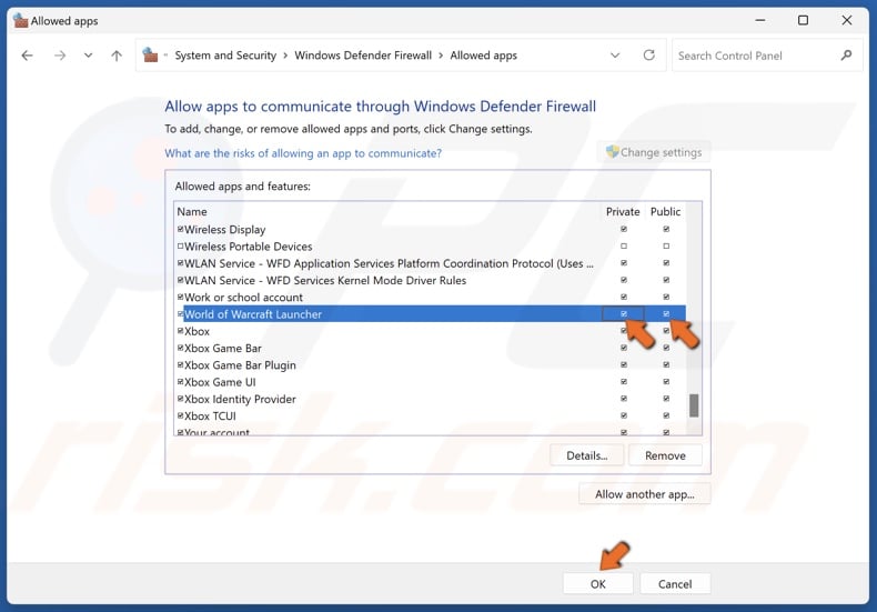 Mark the Private and Public checkboxes next to World of Warcraft Launcher and click OK