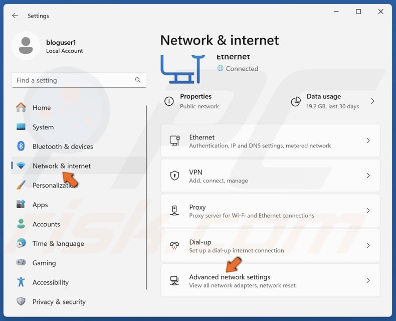 Select the Network & internet panel and click Advanced network settings