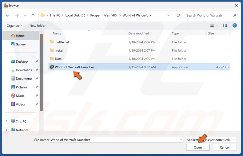 Select World of Warcraft Launcher and click Open