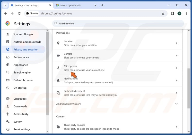 select Microphone in the Permissions section