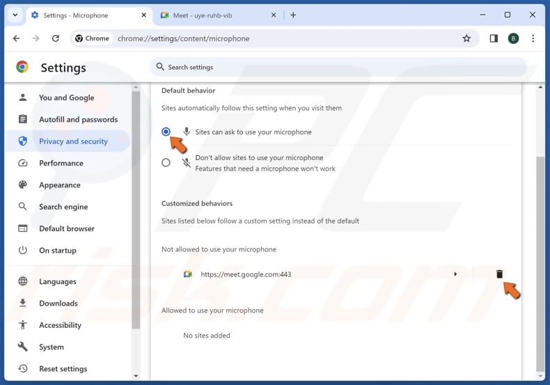 Ensure that the Sites can ask to use your microphone option is enabled and remove Google Meet from sites prevented from accessing microphone