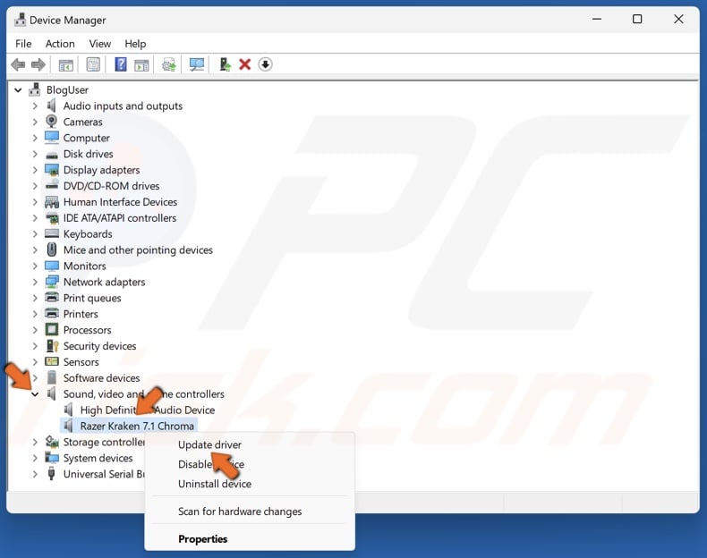 Right-click your microphone device and click Update driver