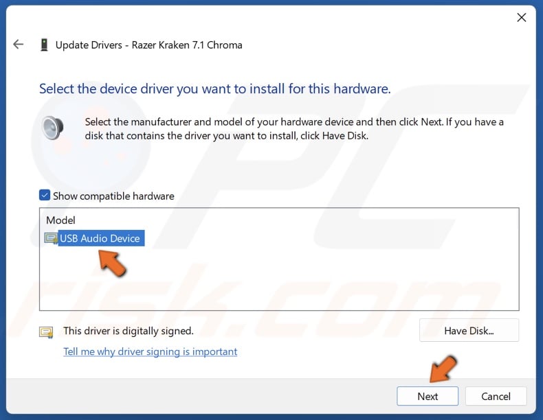 Choose a driver from the drivers list and click Next