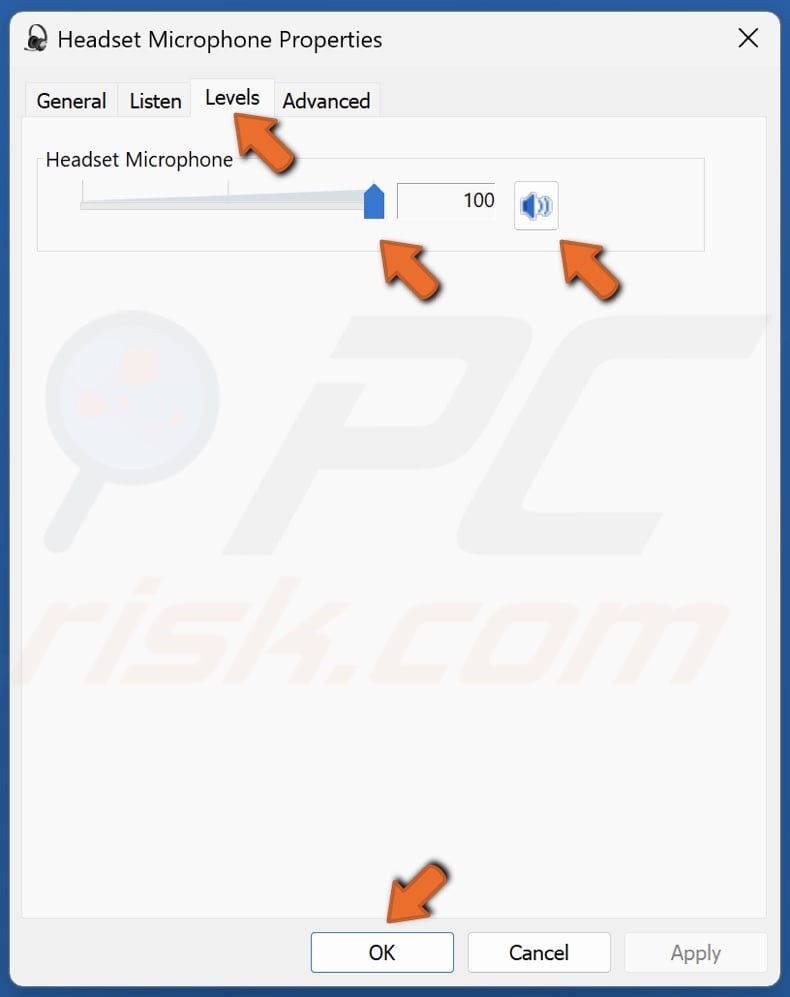 Select the Levels tab, click the icon to unmute the mic and increase the volume