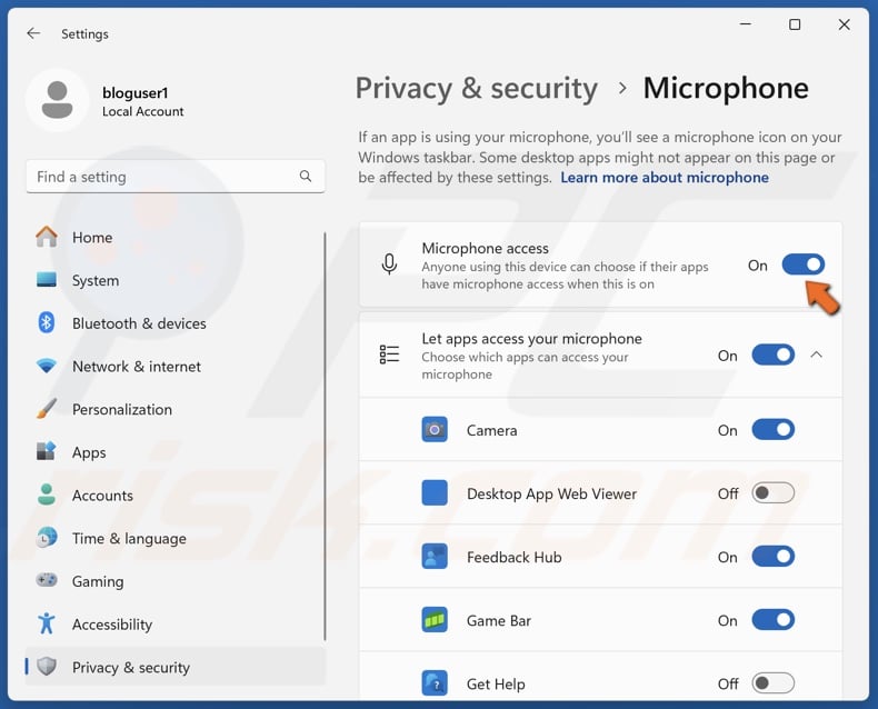 Toggle on the Microphone access slider