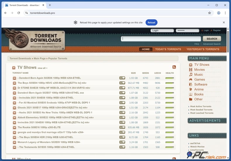 TorrentDownloads homepage