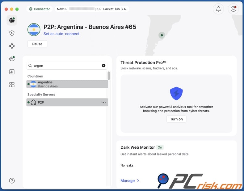 NordVPN connected to Argentina
