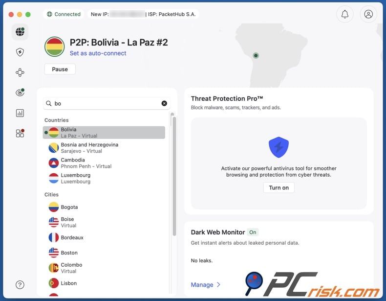 NordVPN connected to Bolivia