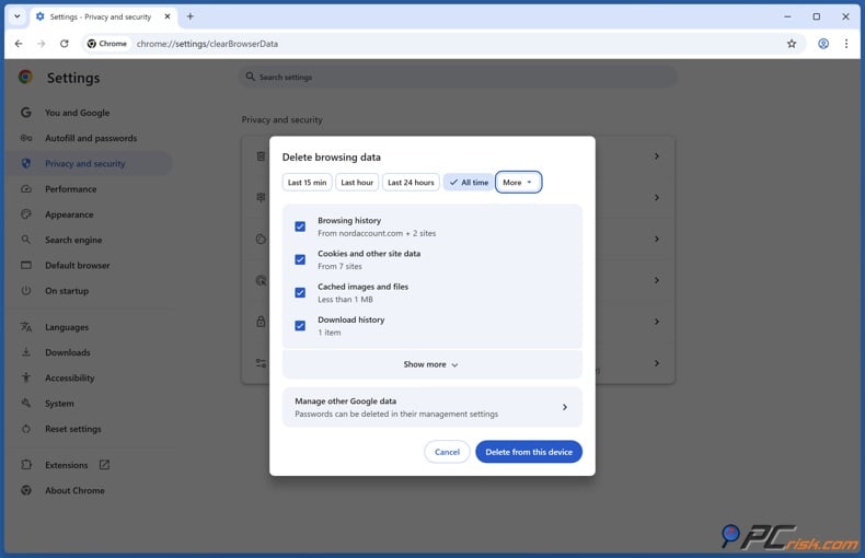 Clear Chrome's browsing data