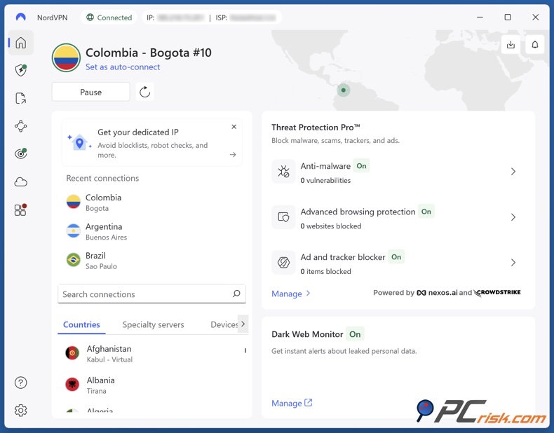 NordVPN connected to Colombia