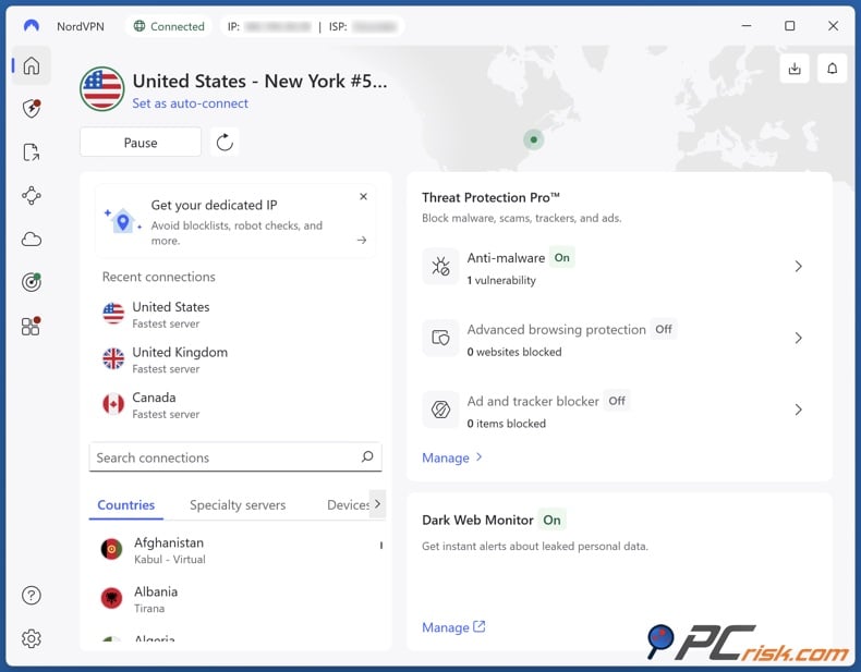 NordVPN connected to a US server