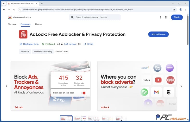AdLock extension in Chrome