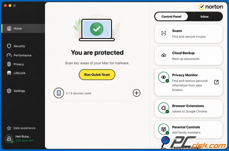 Norton Antivirus dashboard
