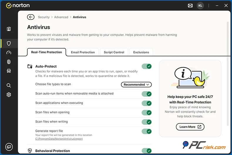 Norton antivirus malware protection window