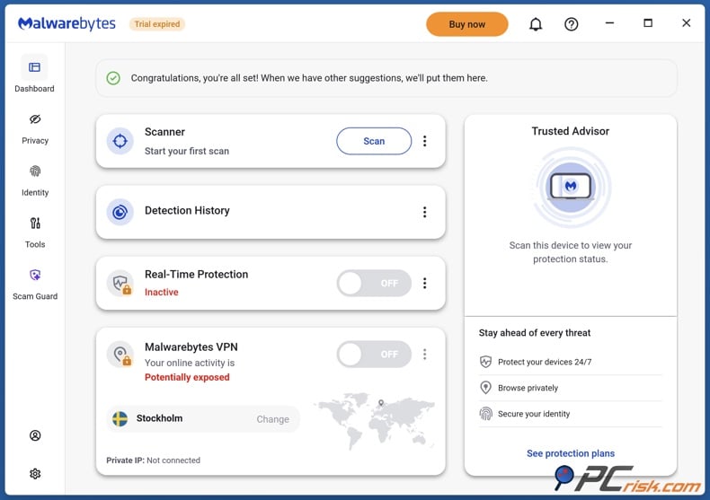 Malwarebytes dashboard