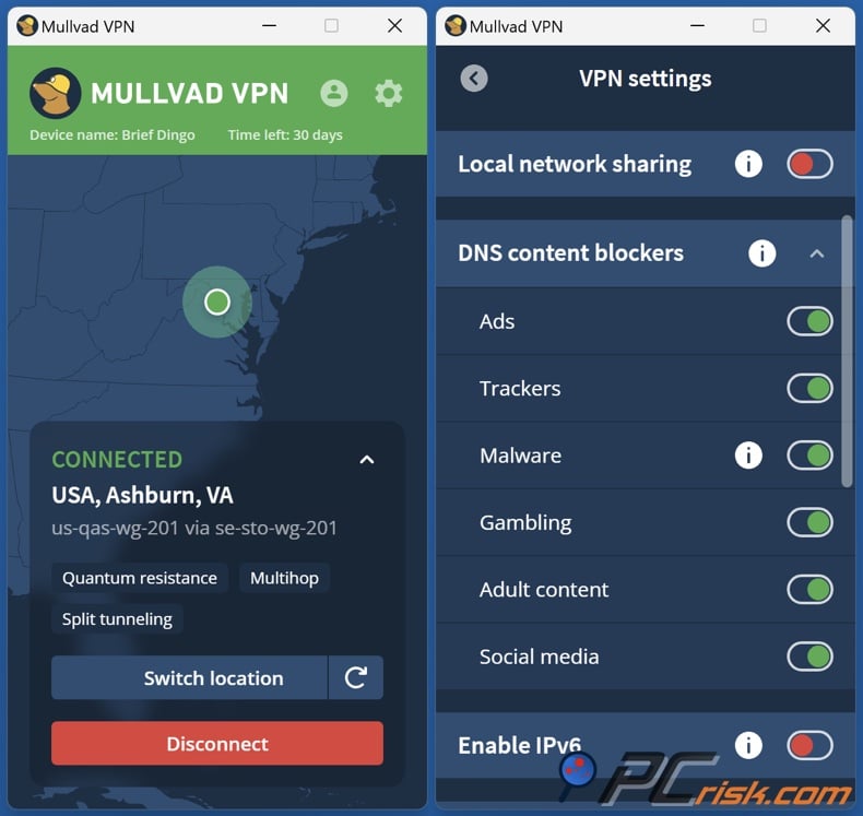 Mullvad VPN dashboard