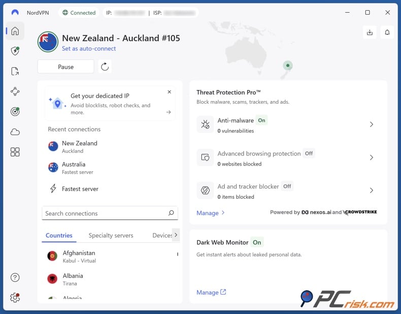 NordVPN connected to New Zealand