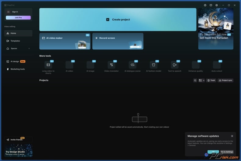 CapCut for Windows dashboard