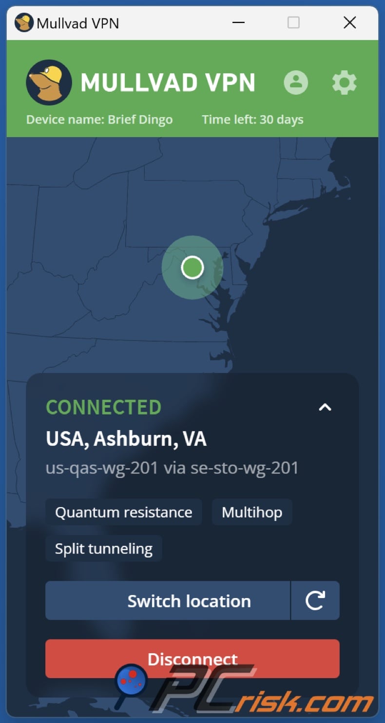 Mullvad for Windows dashboard