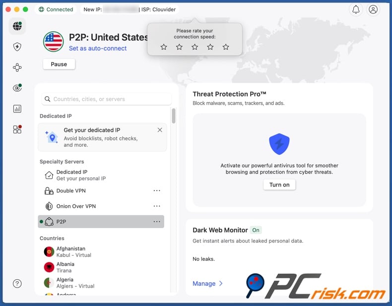 NordVPN connected to the US
