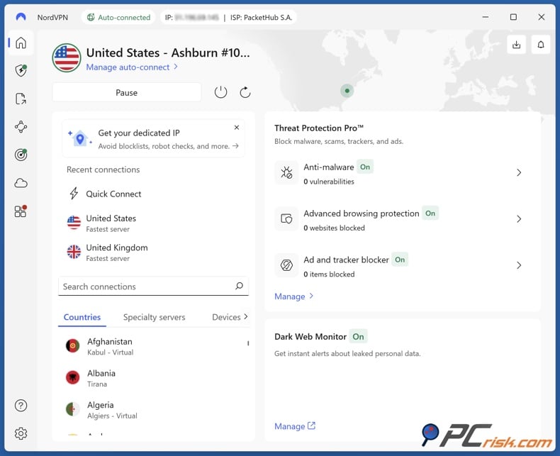 NordVPN connected to a US server