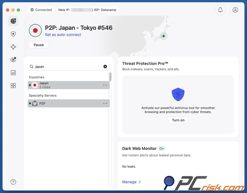 NordVPN connected to Japan