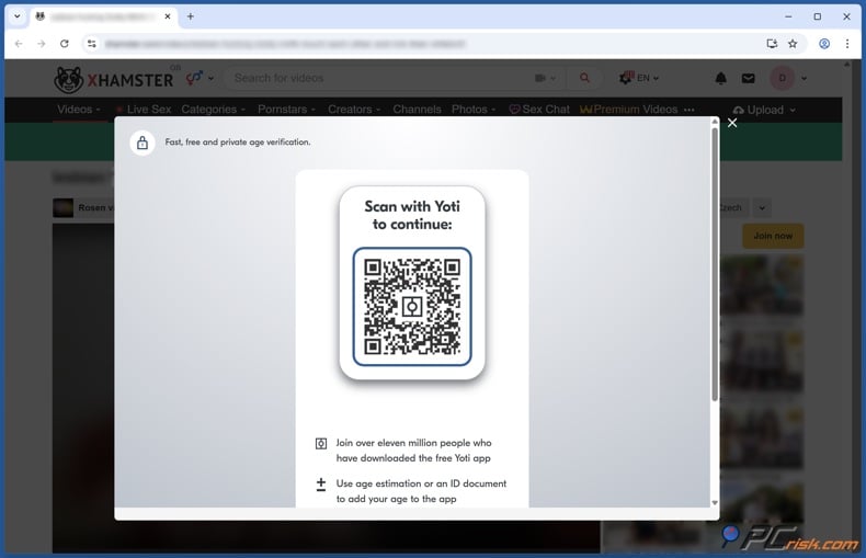 xHamster Yoti verfication window