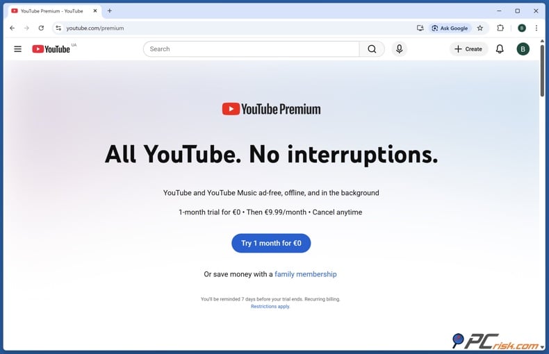 YouTube Premium landing page
