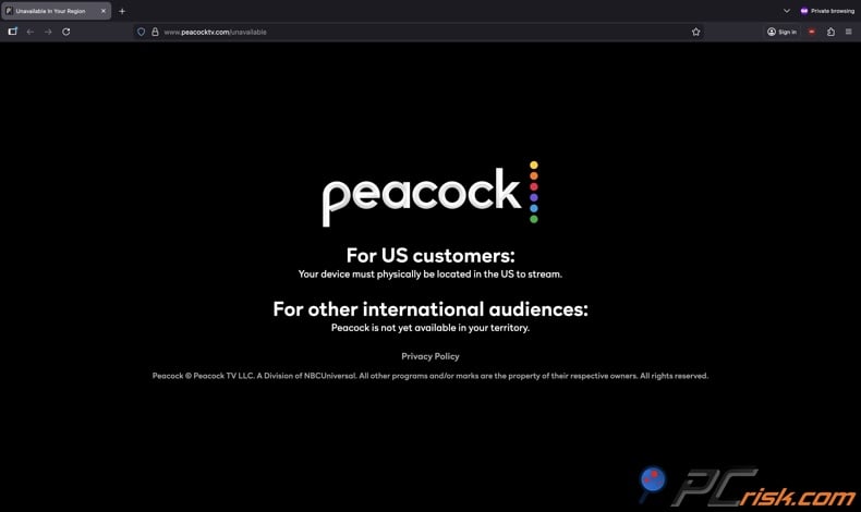 Peacock TV unavailable page