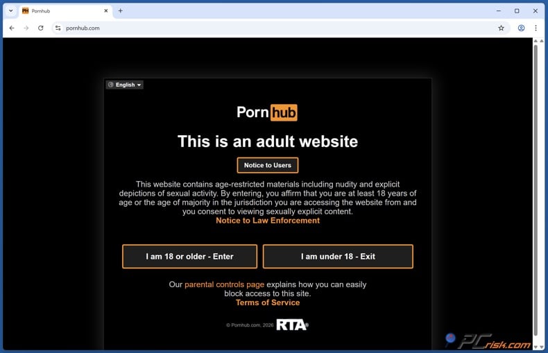 PornHub I am 18 or older confirmation window
