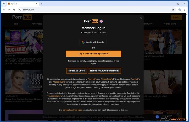 PornHub UK member login page