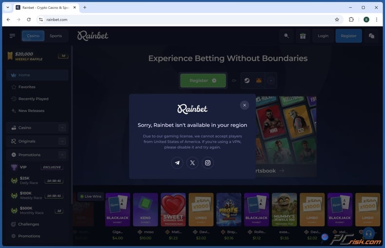 Sorry, Rainbet isn't available in your region