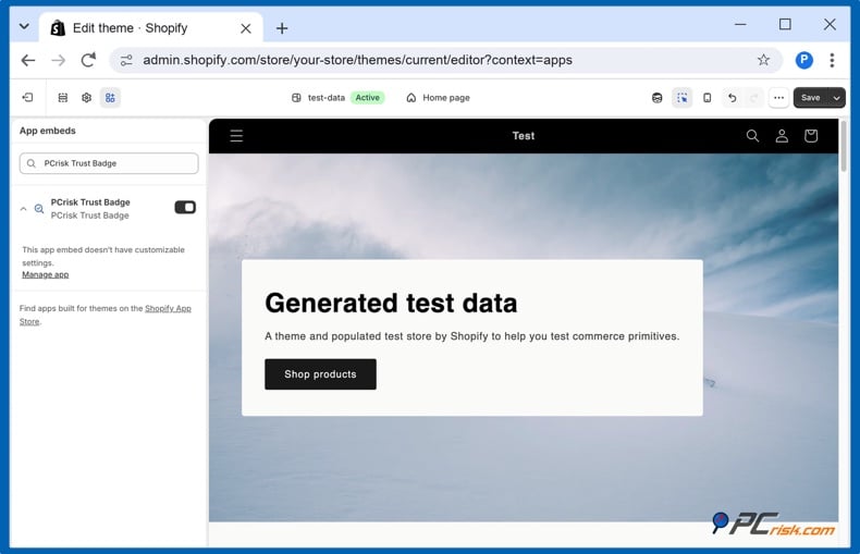 Shopify theme editor app embed