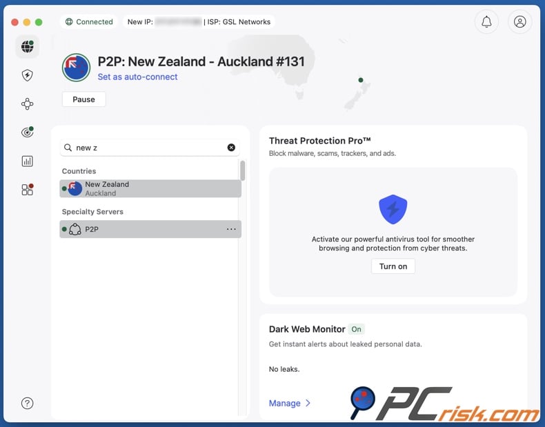 NordVPN connected to New Zealand