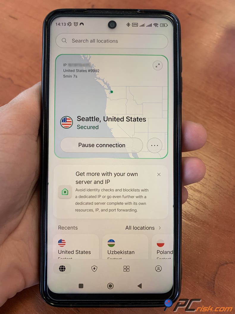 Android NordVPN connected to the US