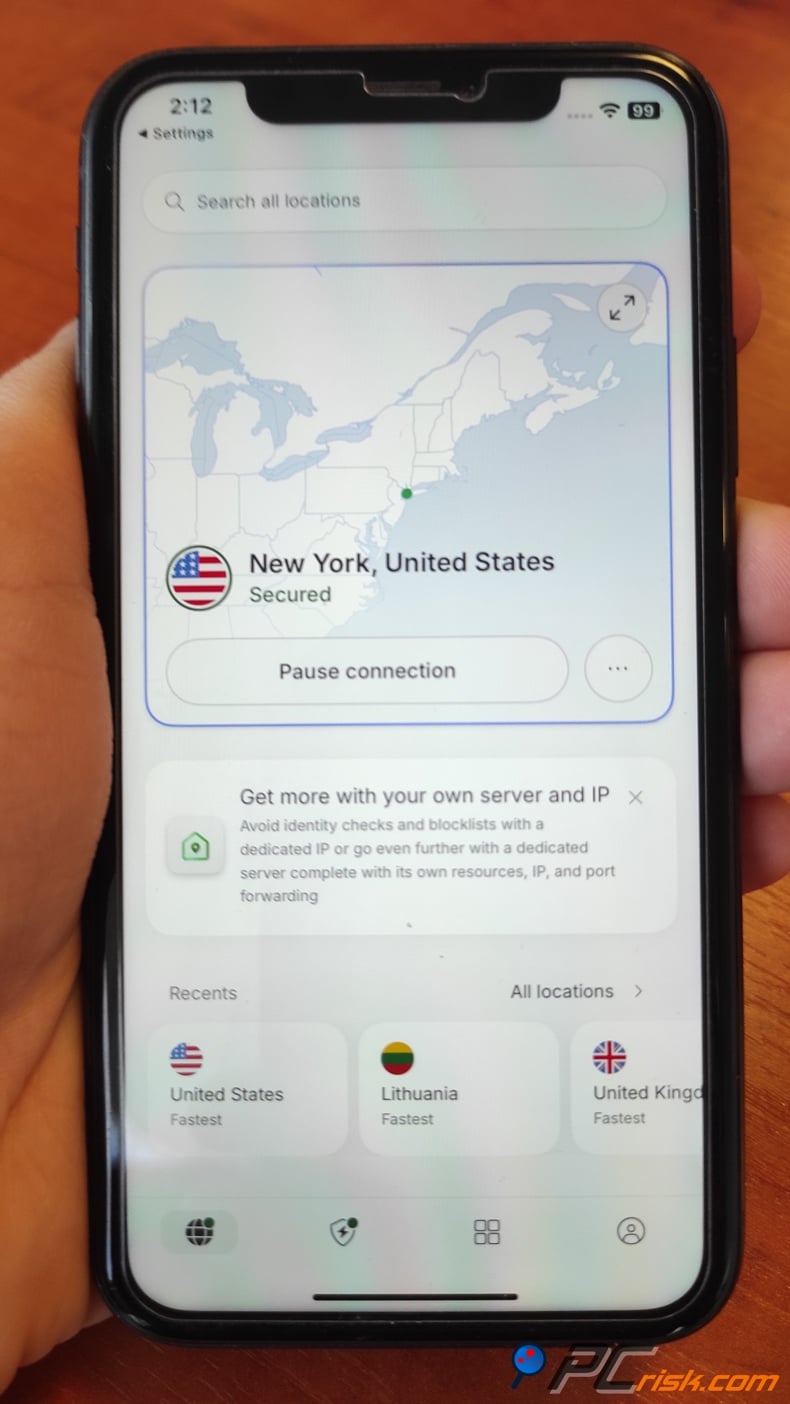 iOS NordVPN connected to US