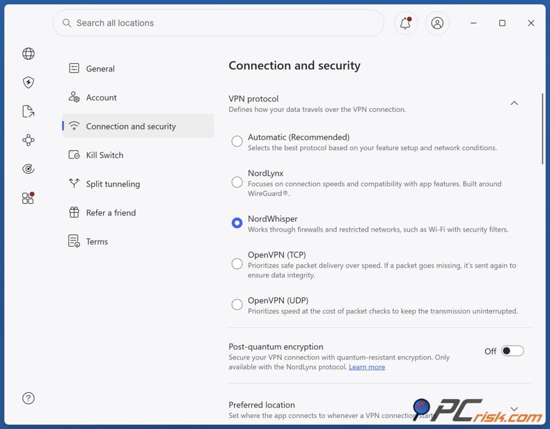 NordVPn NordWhisper protocol on desktop
