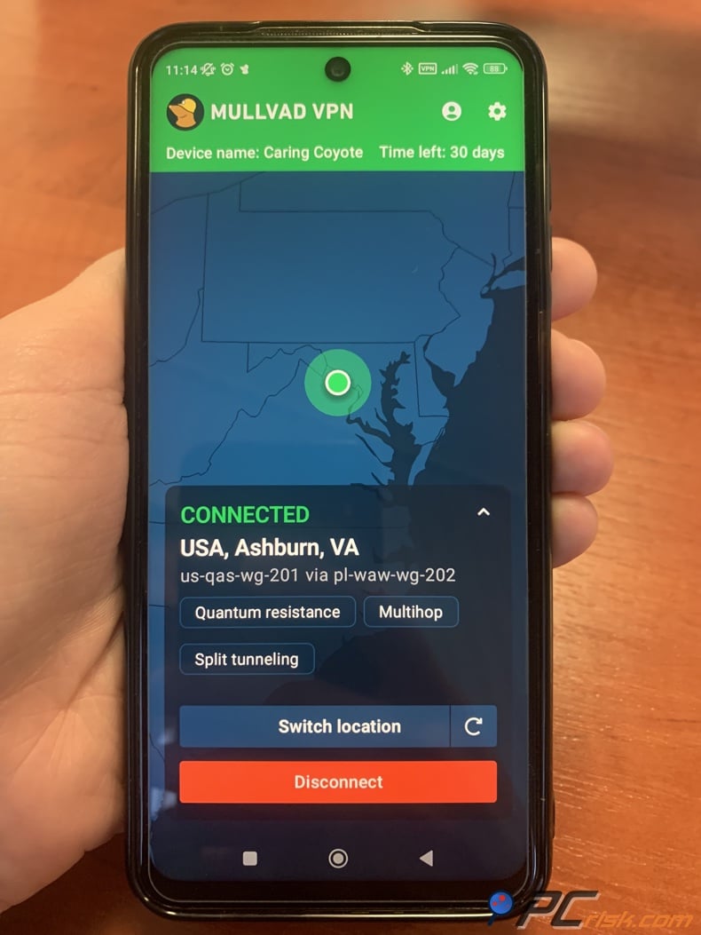 Mullvad VPN for Android dashboard