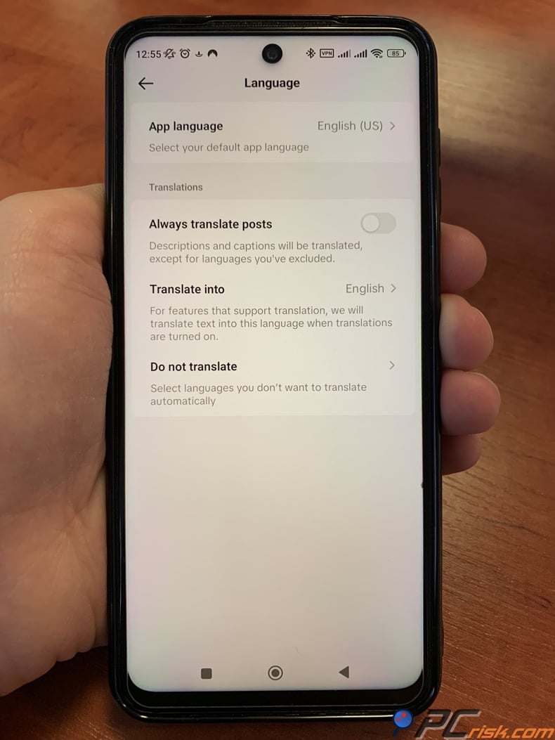 TikTok language setings