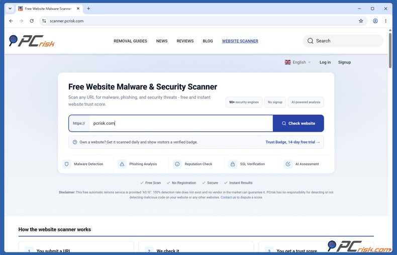 PCrisk Website Scanner homepage