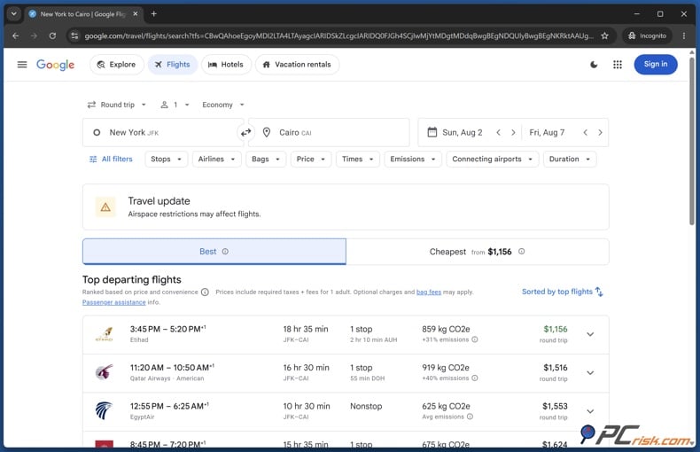 Google Flights search