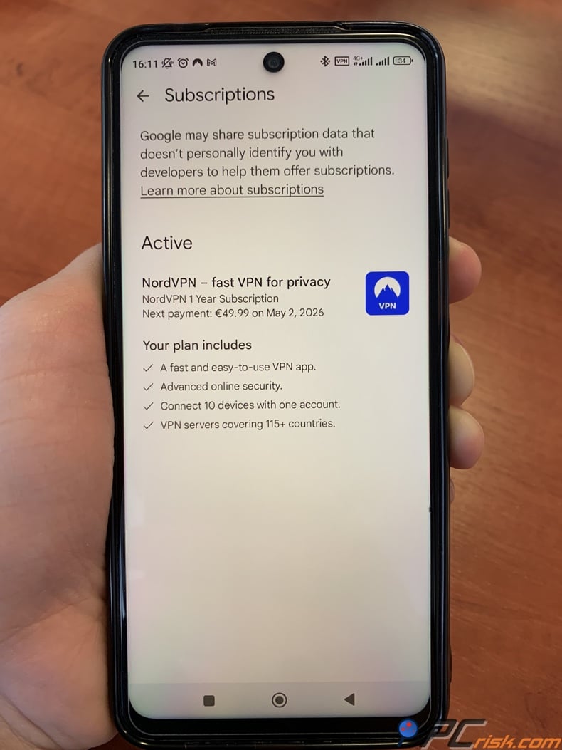 NordVPN subscription information in Google Play Store