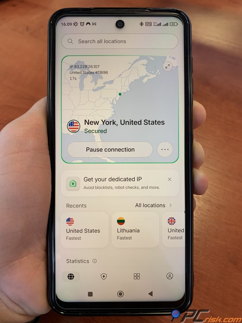 NordVPN Android connected to the US