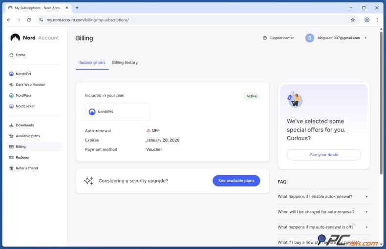 NordVPN Dasboard Billing section