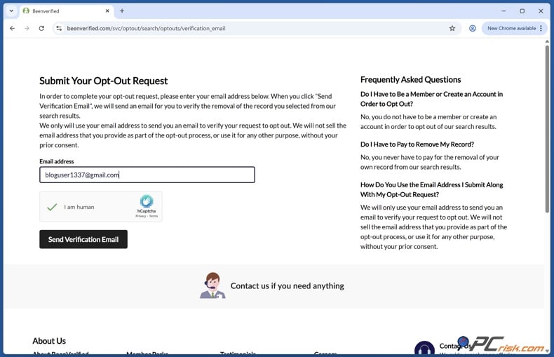 BeenVerified opt out form submission window