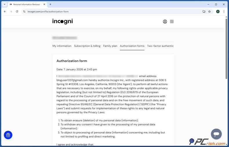 Incogni authorization form