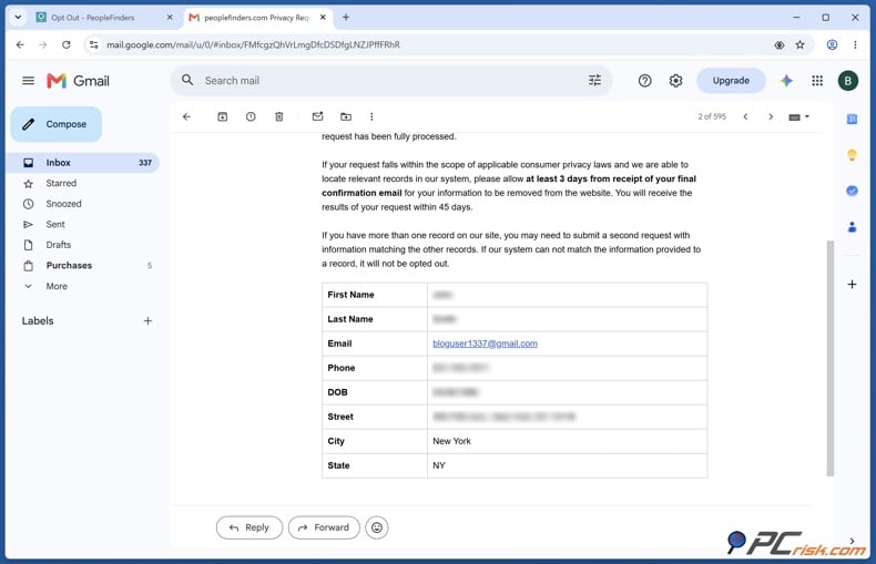 Opt out confirmation email